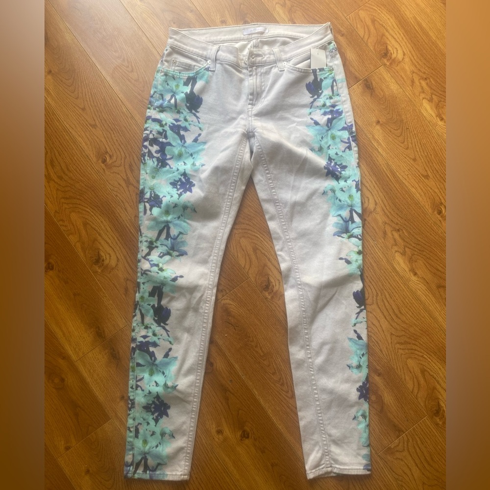 7 For All Mankind Gray Blue Green Floral Garden Side Skinny Jeans Sz 28